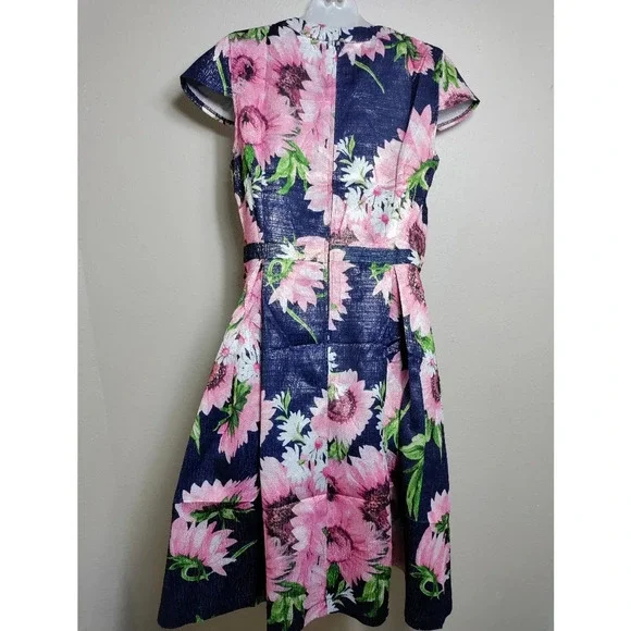 ModCloth Navy Pink Floral Fit Flare Dress Cap Sleeve Garden Party Brunch Dress - Picture 3 of 9